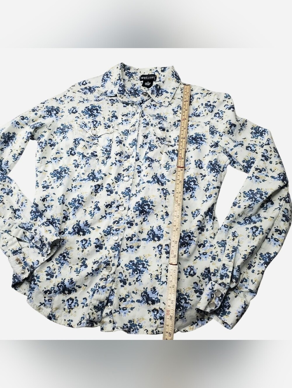 Vtg Y2k Wet Seal Button Down Top Womens Small White Blue Floral Office Siren - Picture 4 of 10
